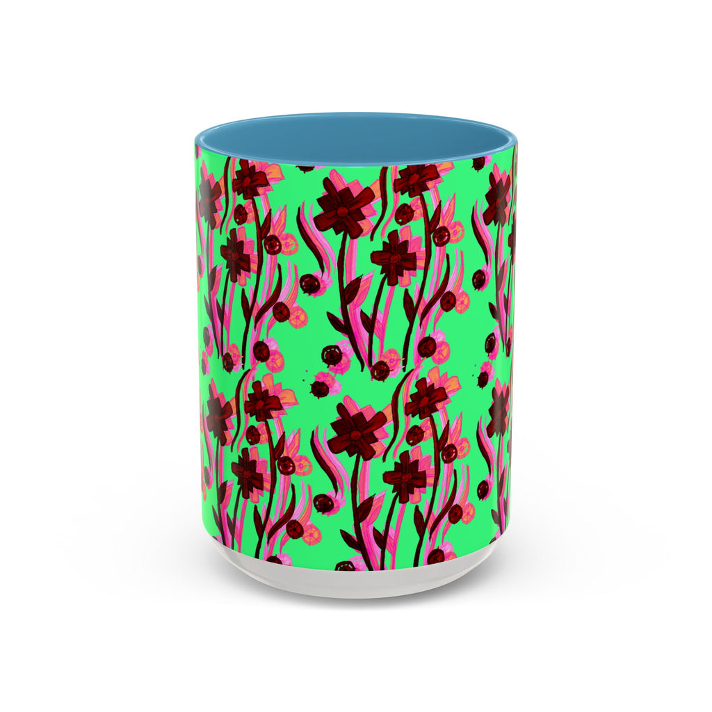 Floral Pop Accent Coffee Mug – Bold Red Flowers on Mint Green (11/15oz)