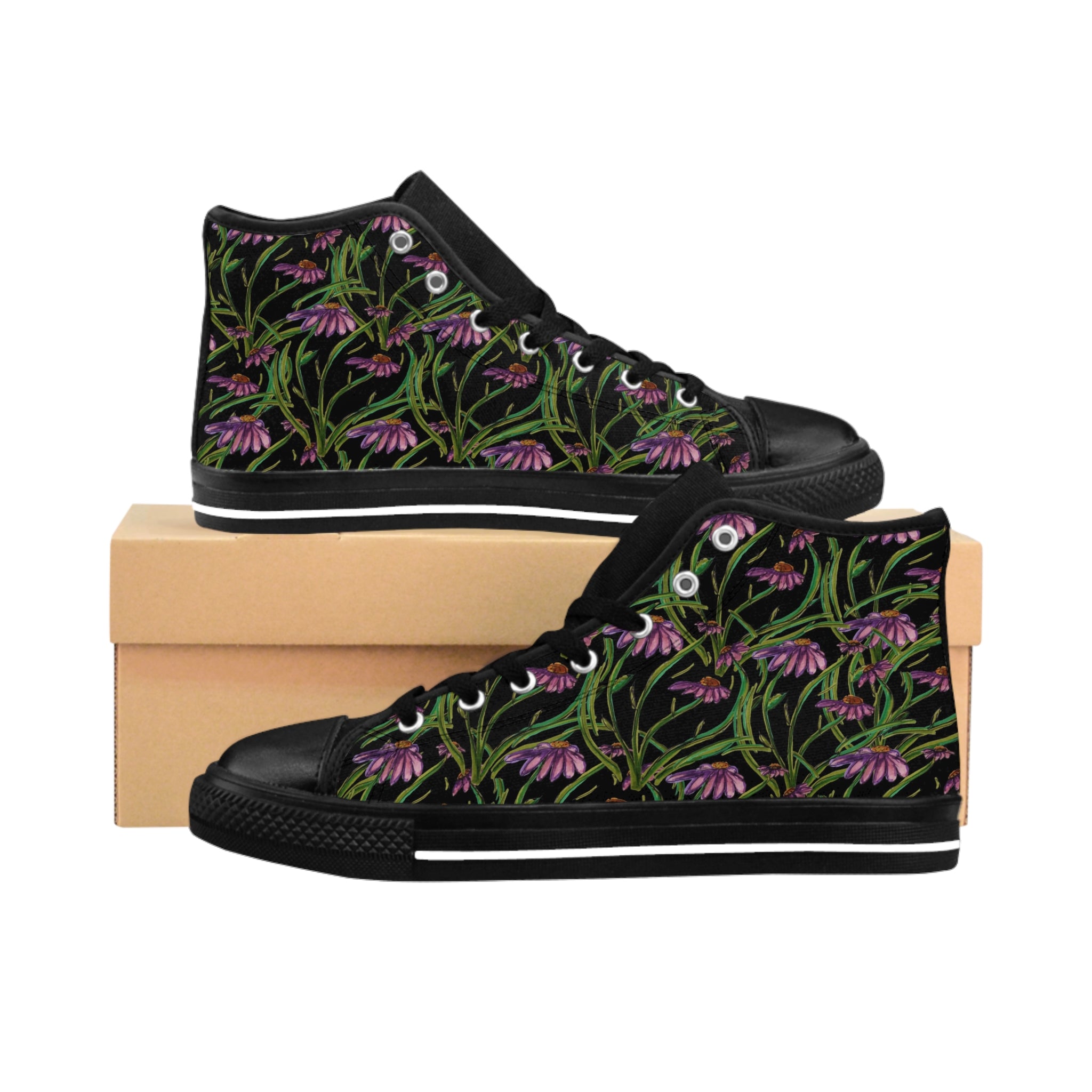 Floral Black High-Top Sneakers — Purple Wildflower Print Women’s Shoes