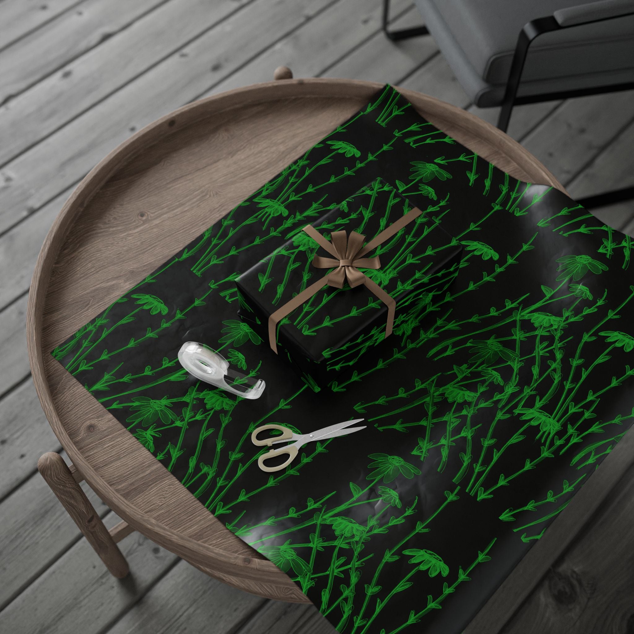 Botanical Black & Neon Green Wrapping Paper — Floral Gift Wrap for Gothic, Eco-Chic & Halloween Occasions