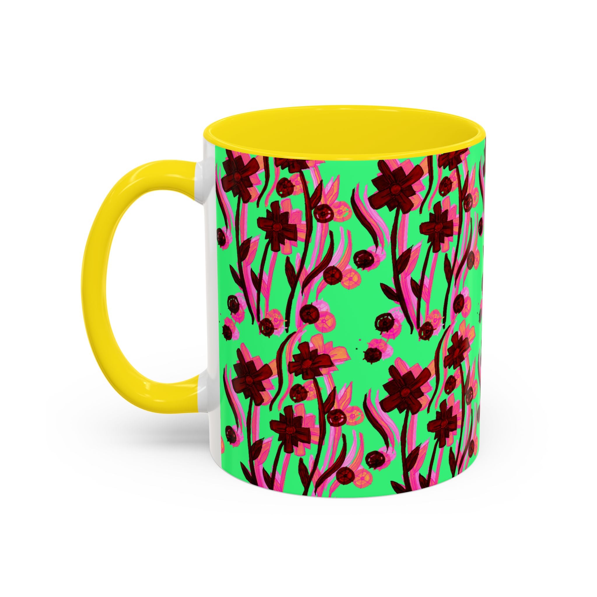Floral Pop Accent Coffee Mug – Bold Red Flowers on Mint Green (11/15oz)
