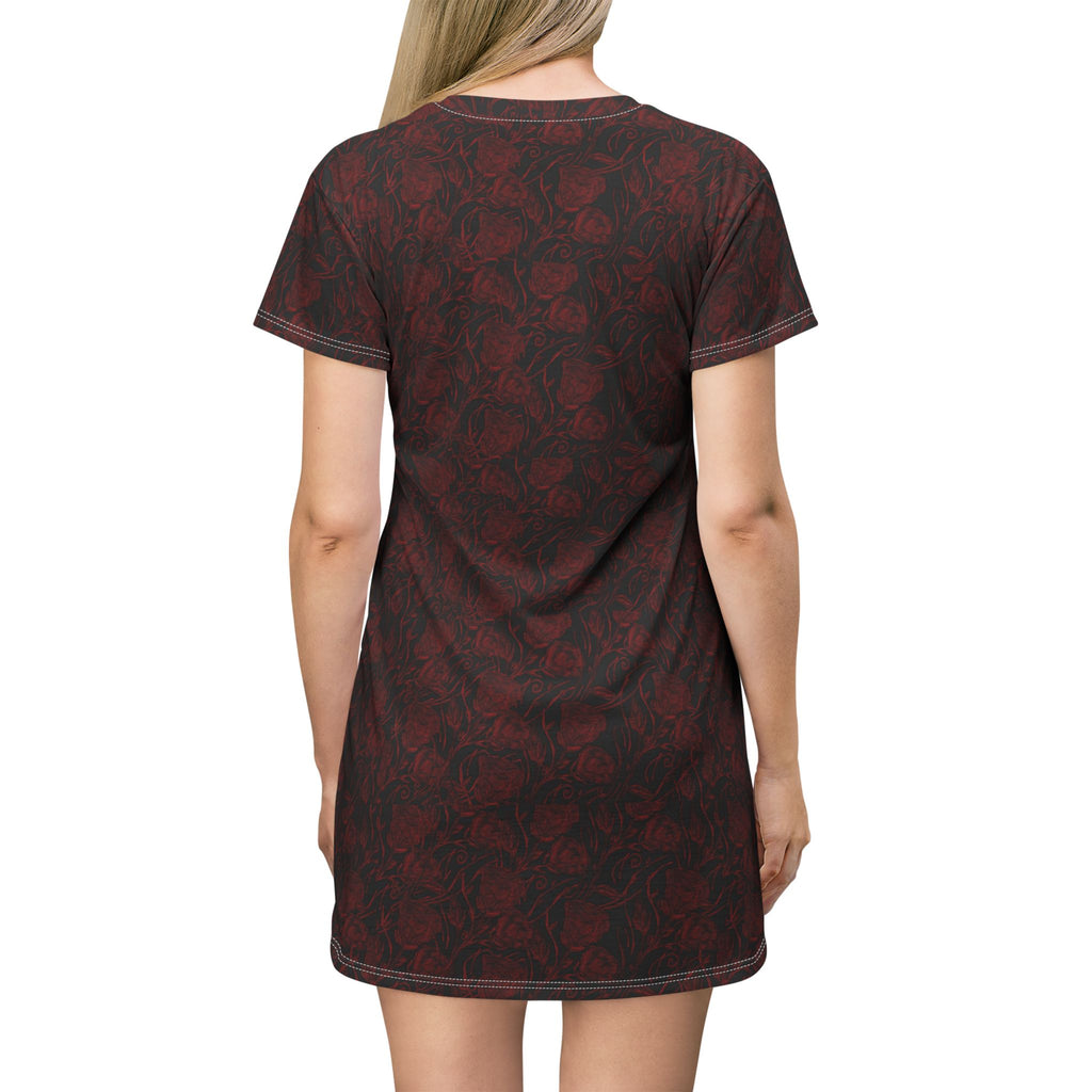 Dark Red Rose All-Over Print T-Shirt Dress — Gothic Floral Casual Dress