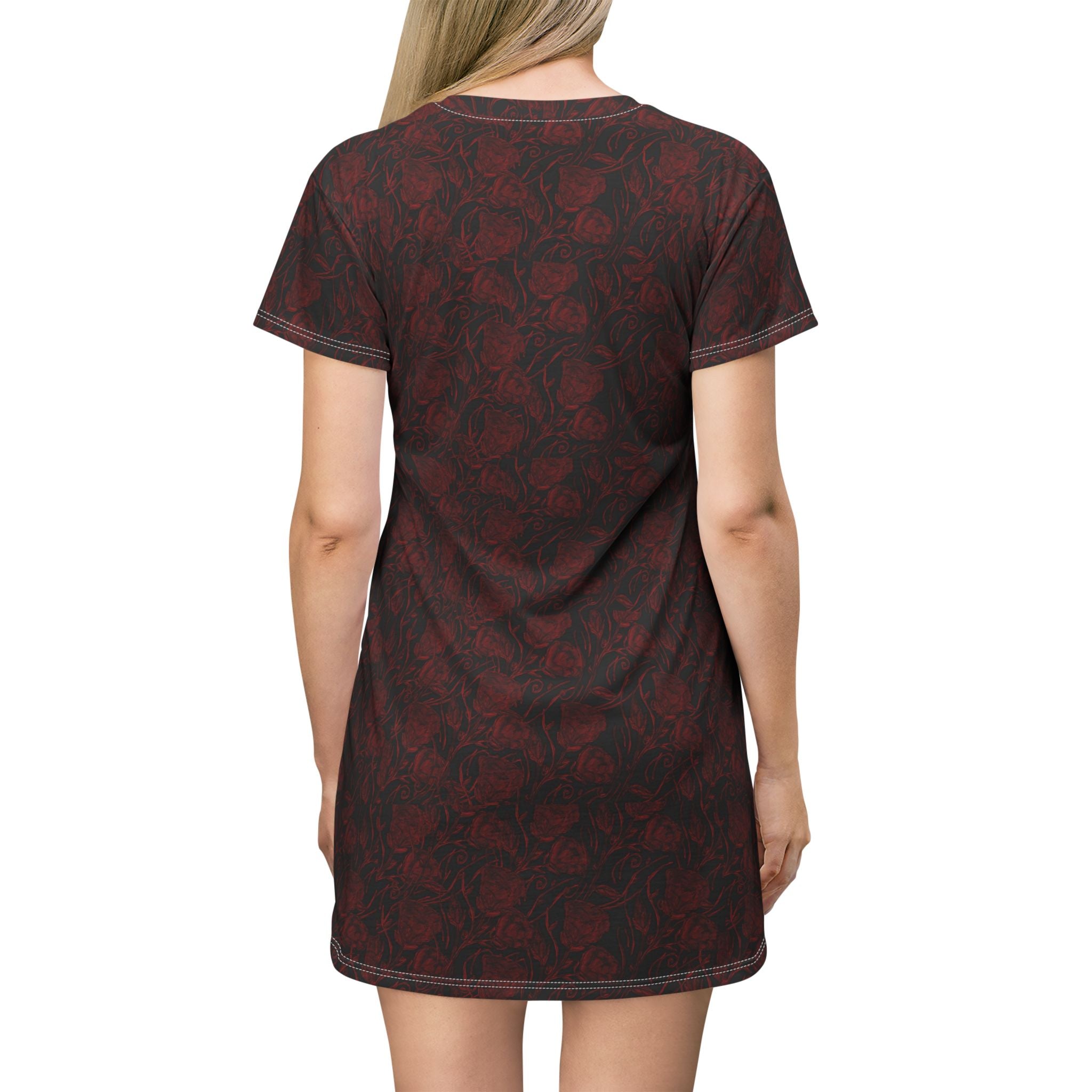 Dark Red Rose All-Over Print T-Shirt Dress — Gothic Floral Casual Dress