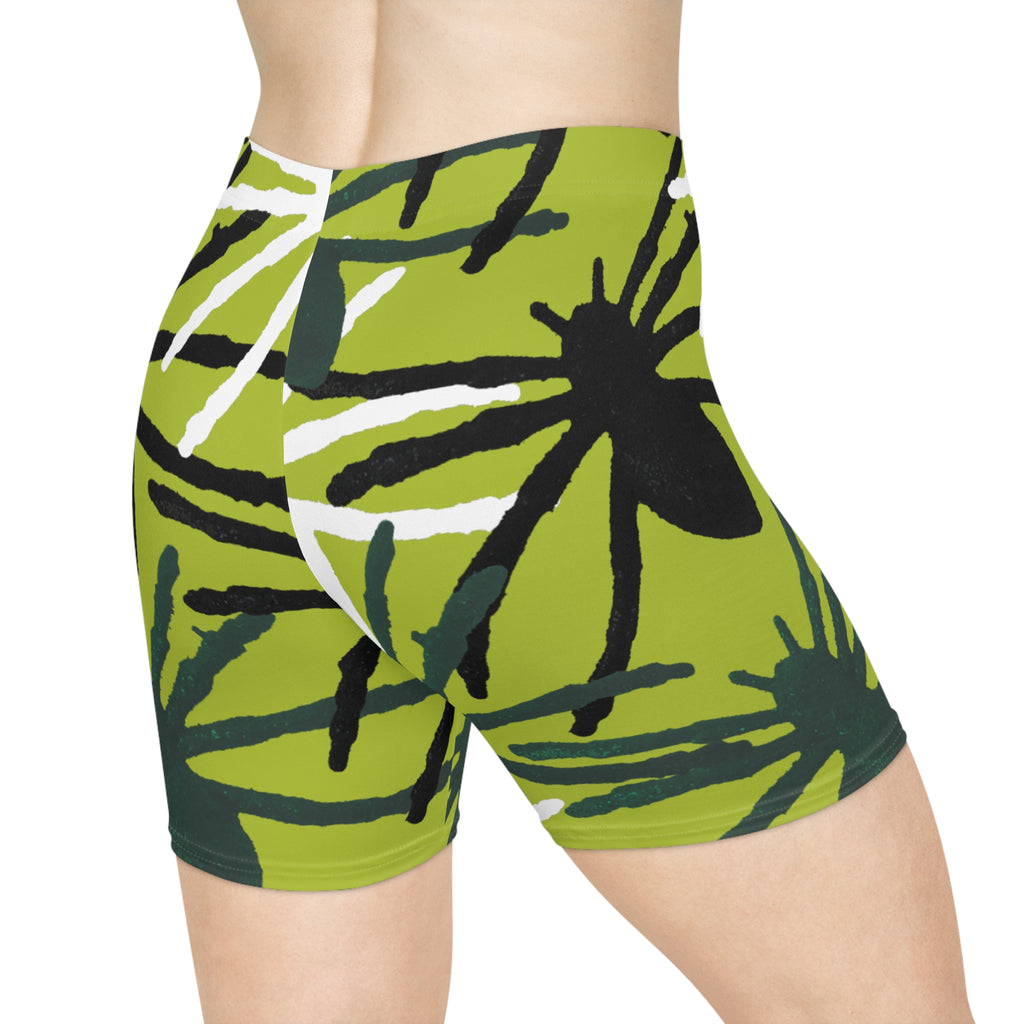 Green Tropical Palm Print Biker Shorts — Women's Activewear