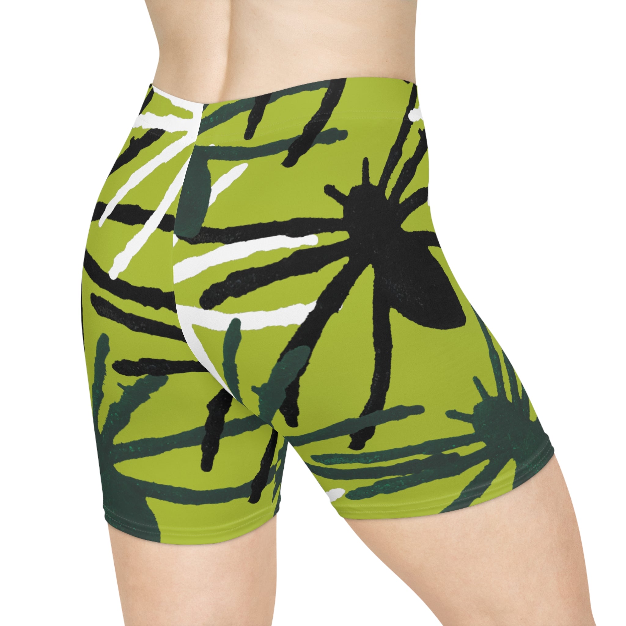 Green Tropical Palm Print Biker Shorts — Women's Activewear