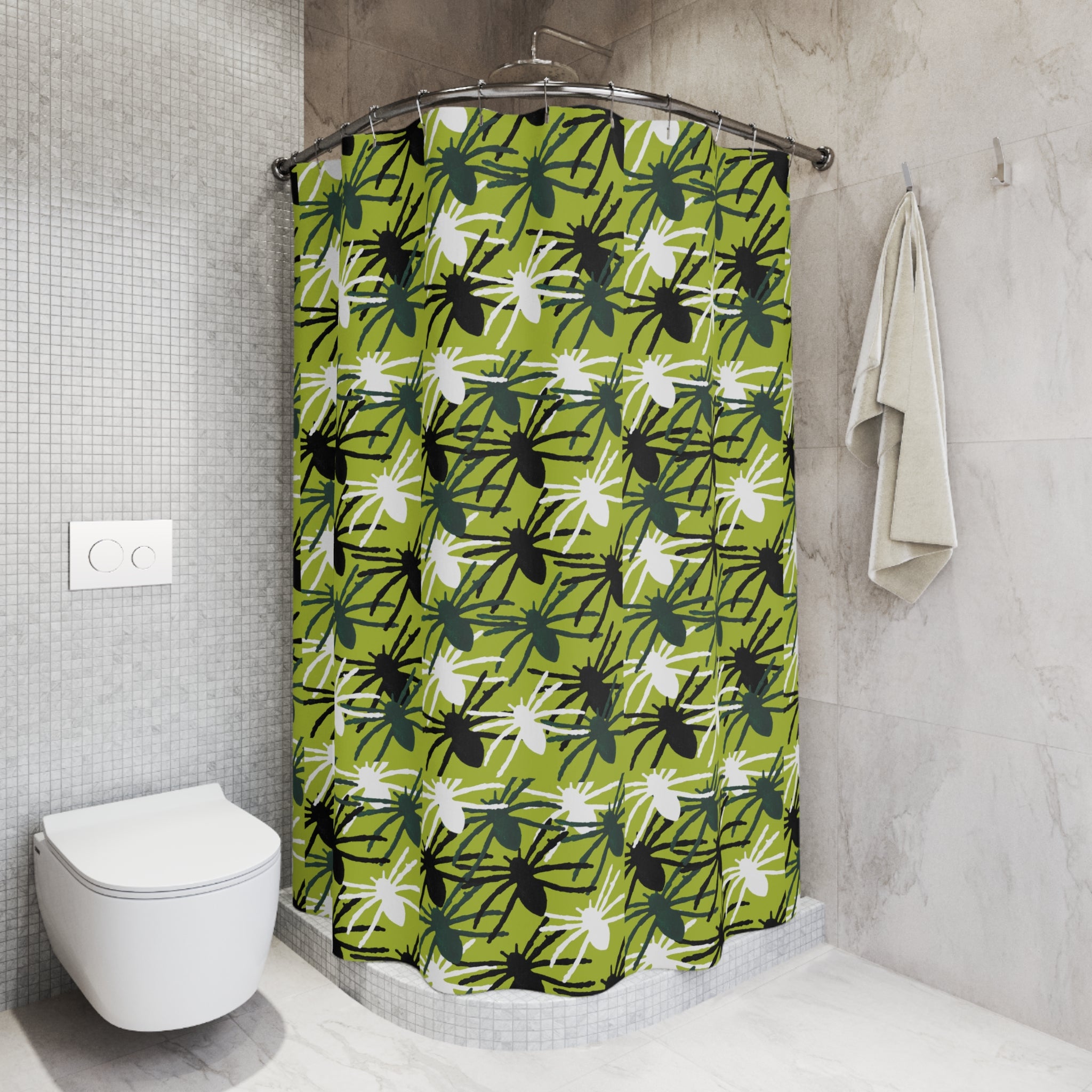 Spider Pattern Shower Curtain — Green Halloween Bathroom Decor