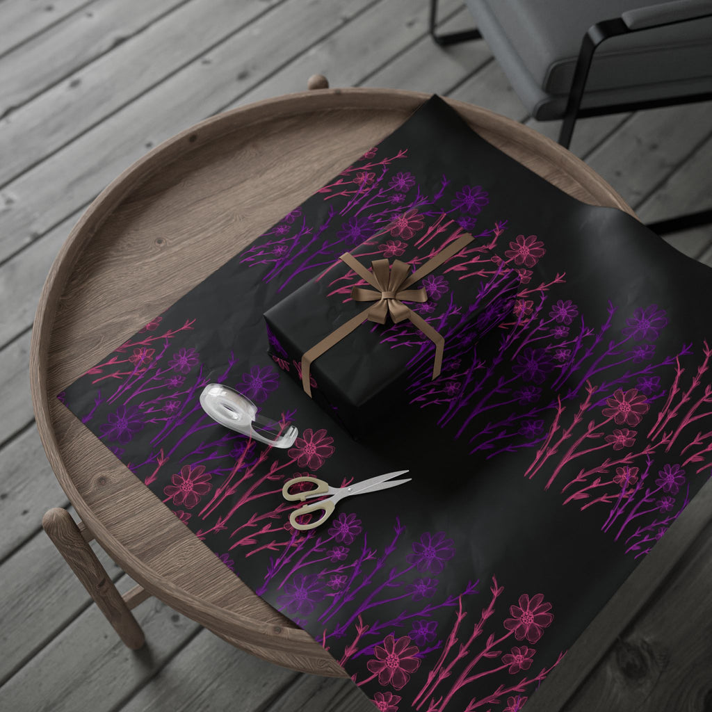Floral Silhouette Wrapping Paper — Purple & Pink Meadow on Black