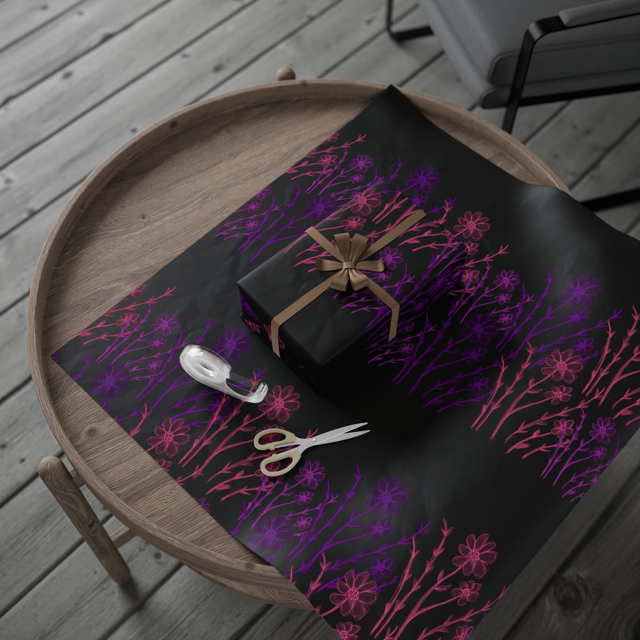 Floral Silhouette Wrapping Paper — Purple & Pink Meadow on Black
