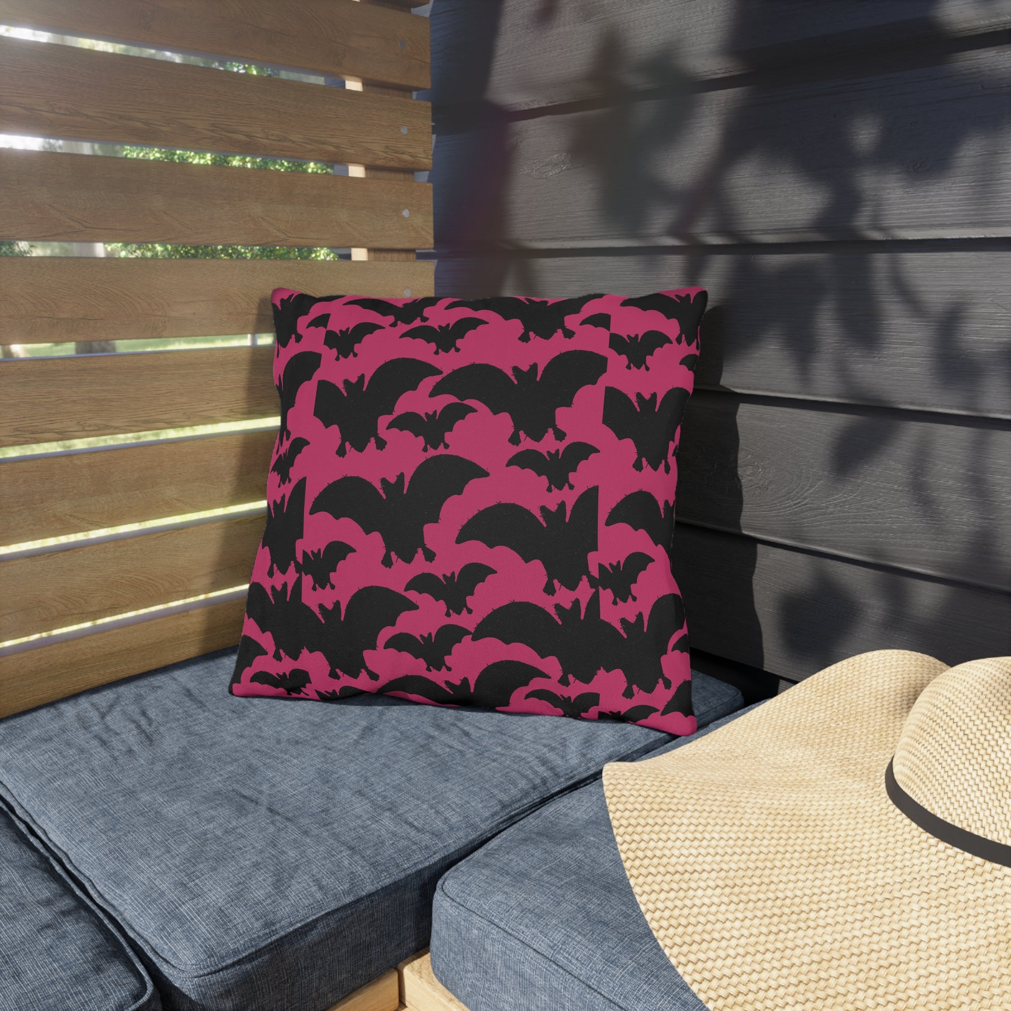 Pink Bat Pattern Outdoor Pillow — Halloween Patio Throw Pillow