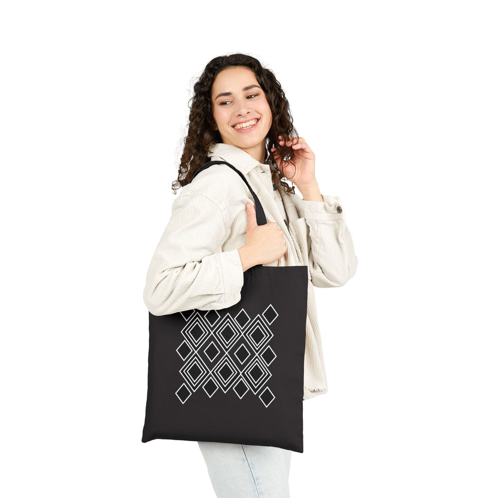 Geometric Diamond Pattern Tote Bag — Modern Black Canvas Shopper
