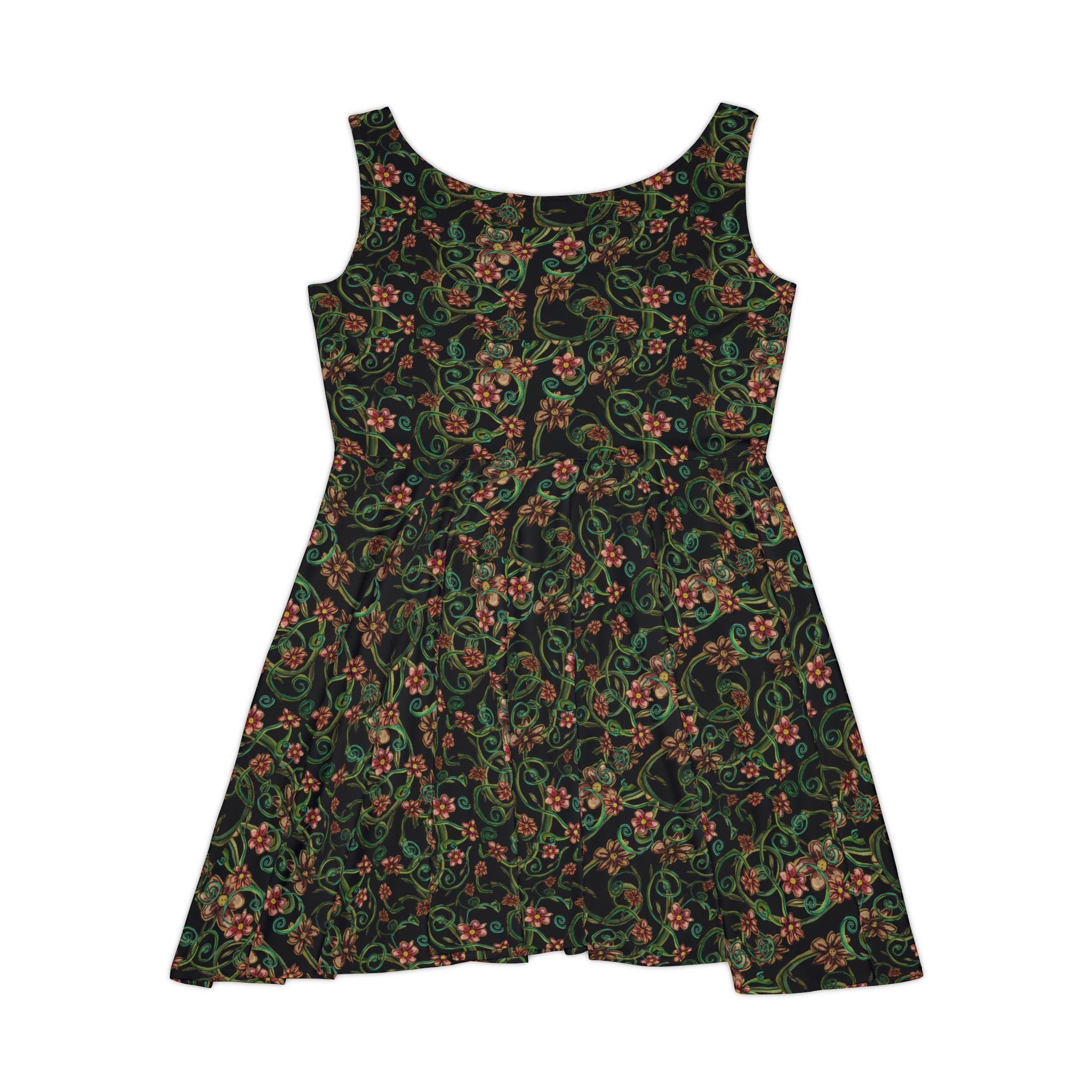 Floral Vine Skater Dress — Dark Green Vintage Botanical Print
