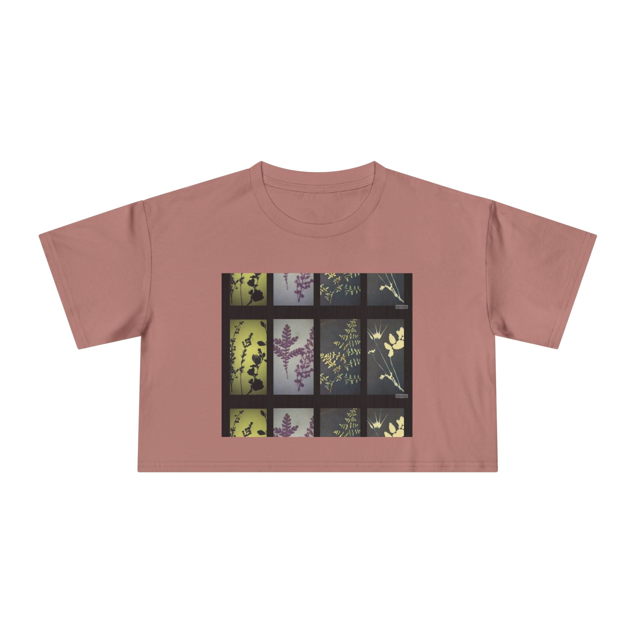 Botanical Grid Women's Crop Tee — Vintage Floral Silhouette Top