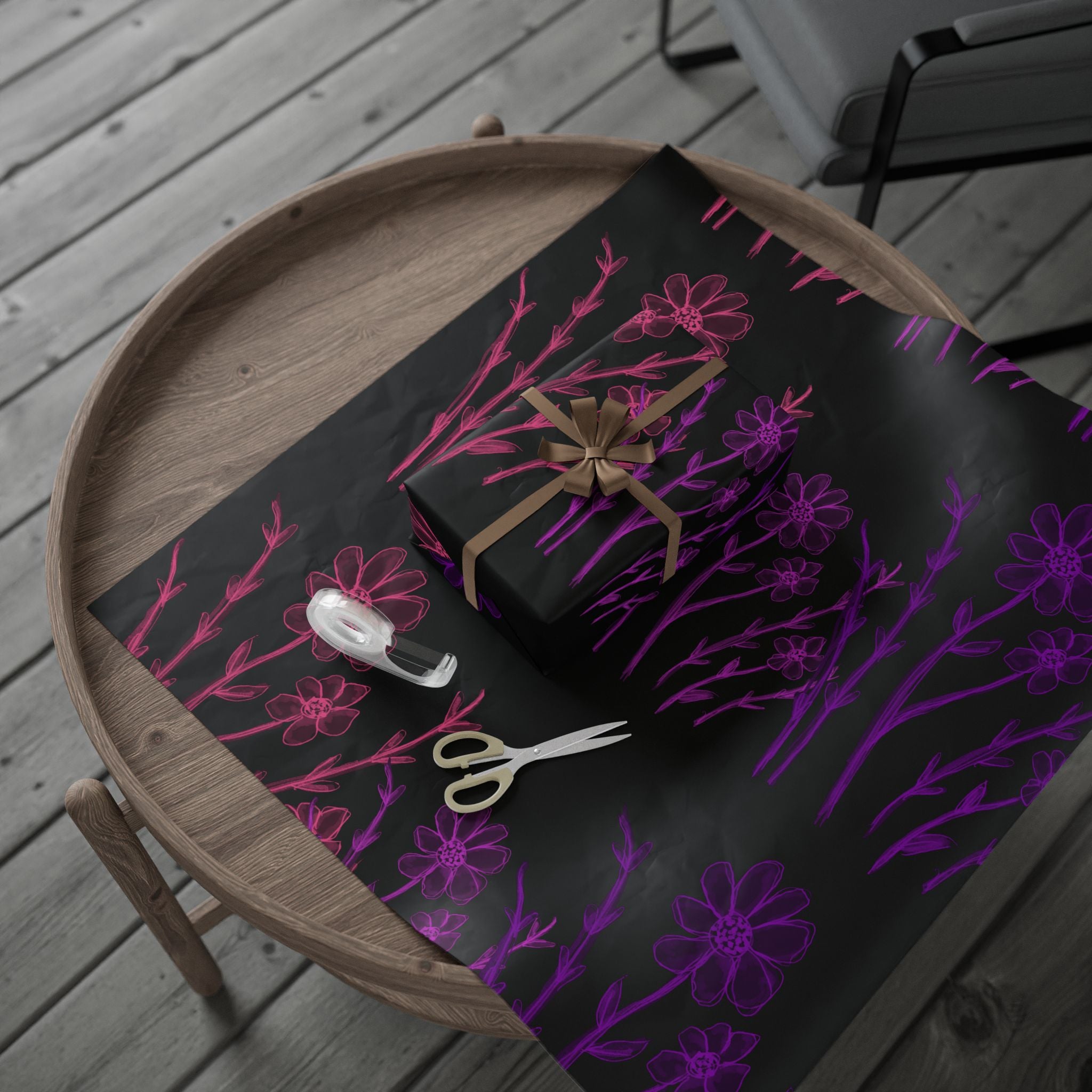 Floral Nightfall Wrapping Paper — Pink & Purple Neon Flowers on Black