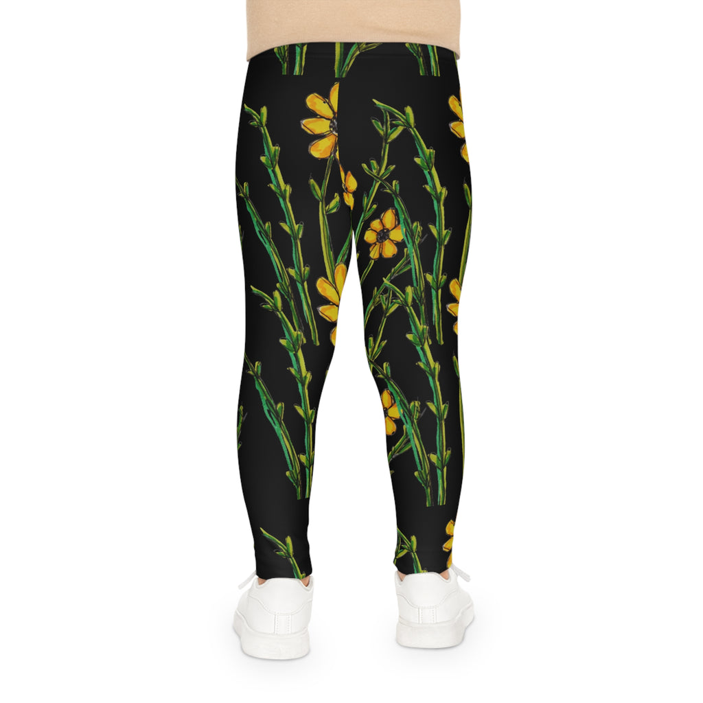 Kids Floral Leggings — Yellow Wildflower Print on Black