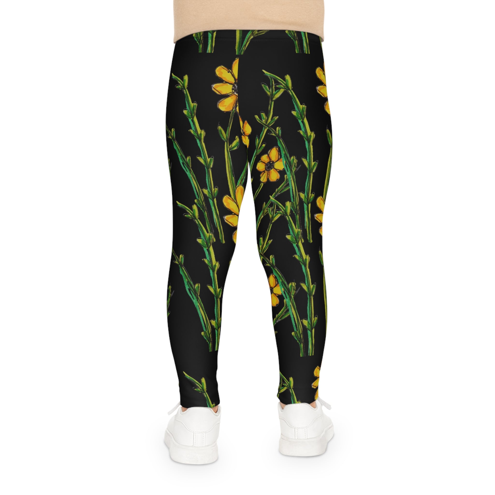 Kids Floral Leggings — Yellow Wildflower Print on Black