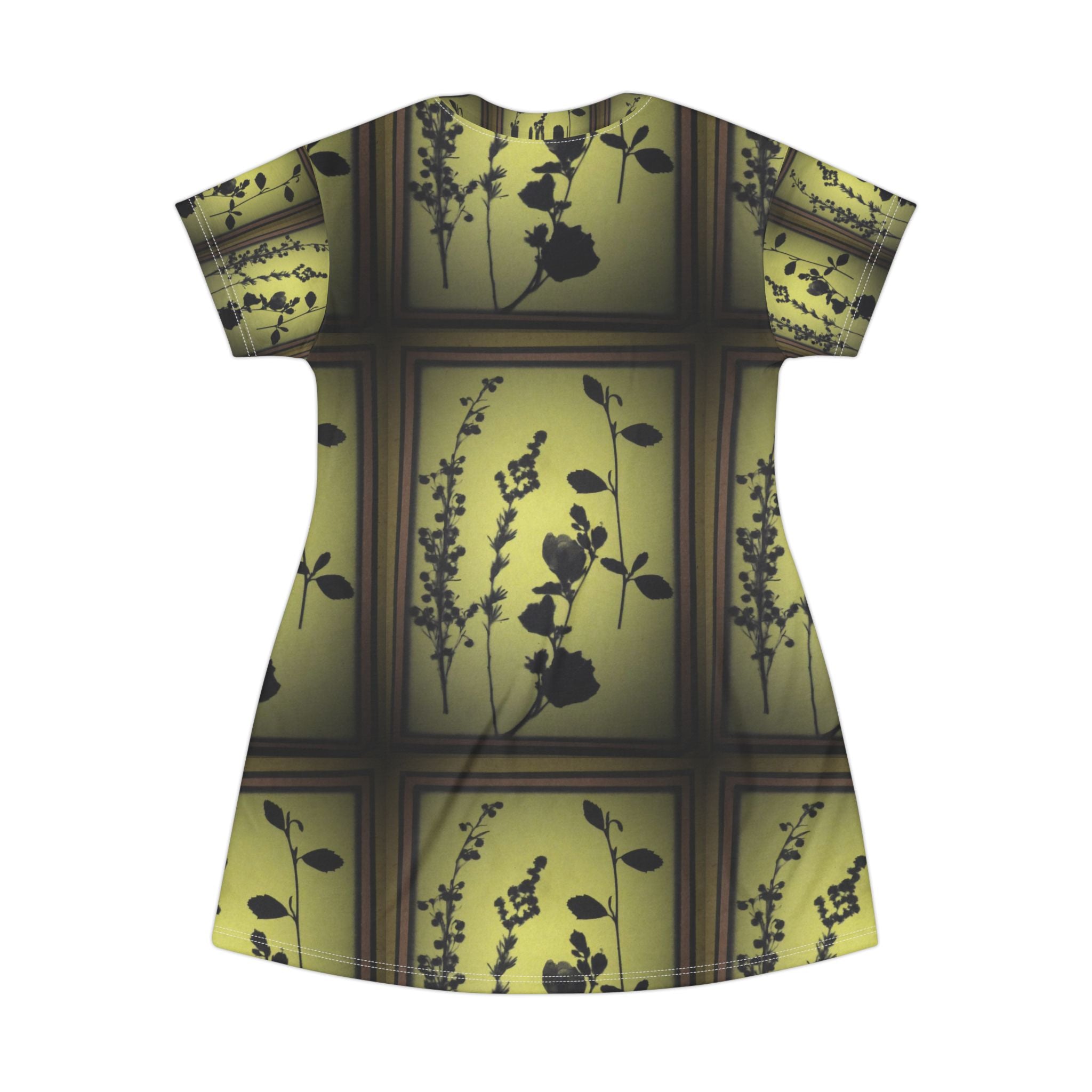 Botanical Shadow T‑Shirt Dress — Yellow Green Floral Silhouette All‑Over Print