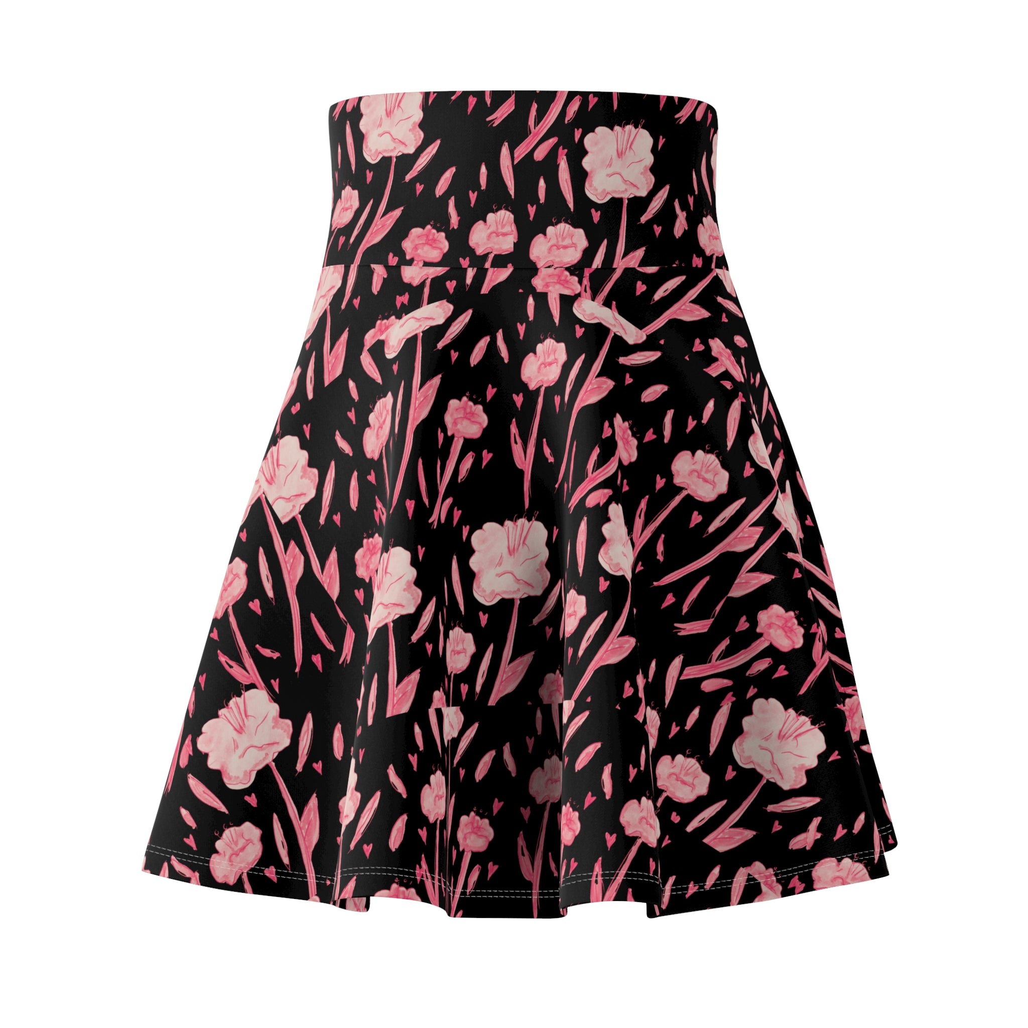 Floral Noir Skater Skirt — Pink Blooms on Black, High-Waist A-Line