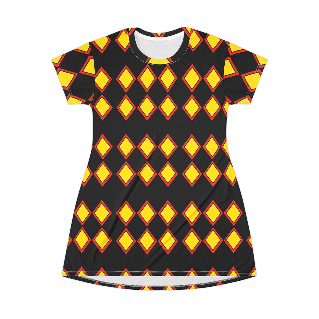 Geometric Diamond Print T-Shirt Dress — Bold Yellow & Red All-Over Pattern