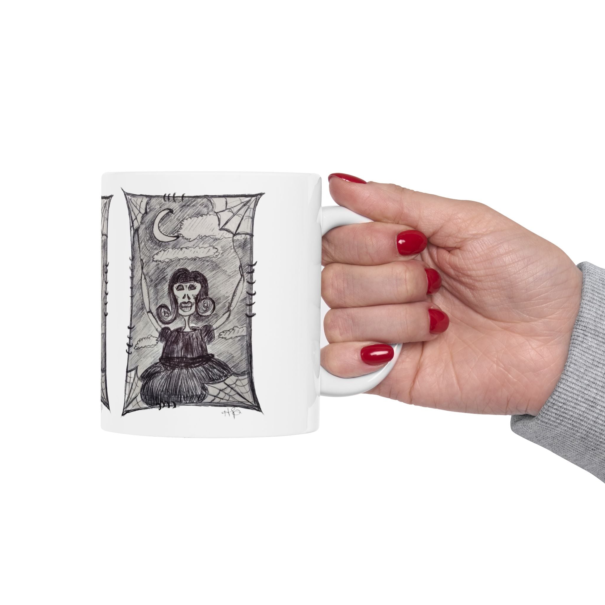 Spider woman Mug — Spooky Moon Sketch Ceramic Coffee Cup (11oz/15oz)