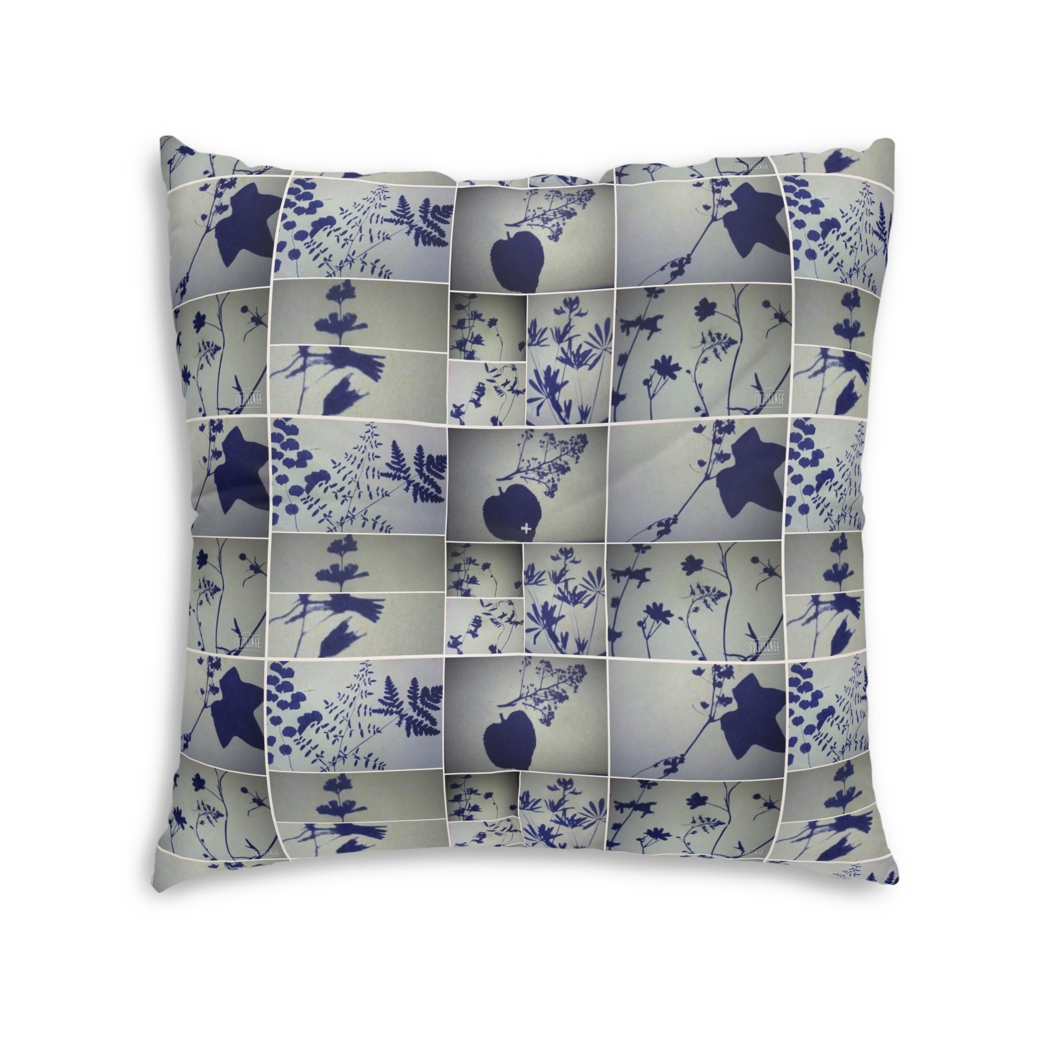 Botanical Patchwork Tufted Floor Pillow — Blue Floral Shadow Pattern