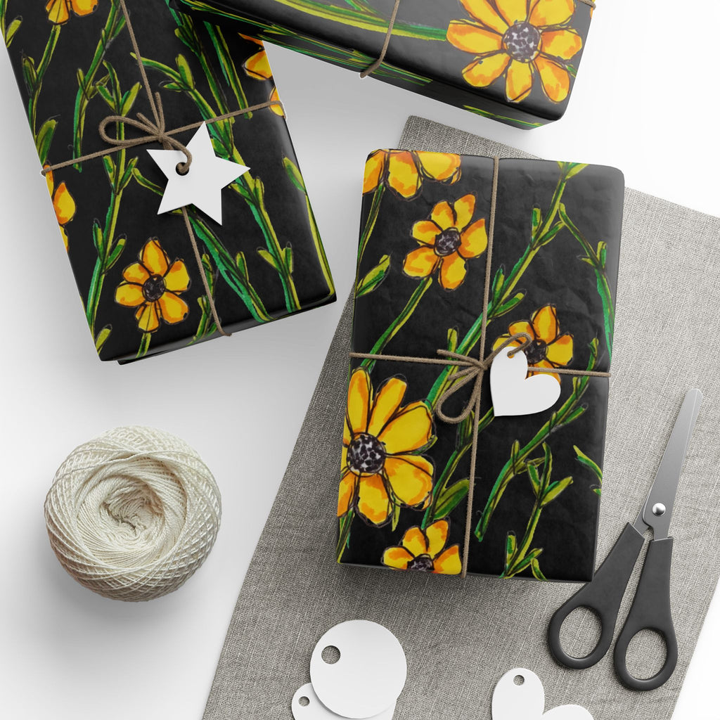 Yellow Wildflower Wrapping Paper — Black Floral Gift Wrap