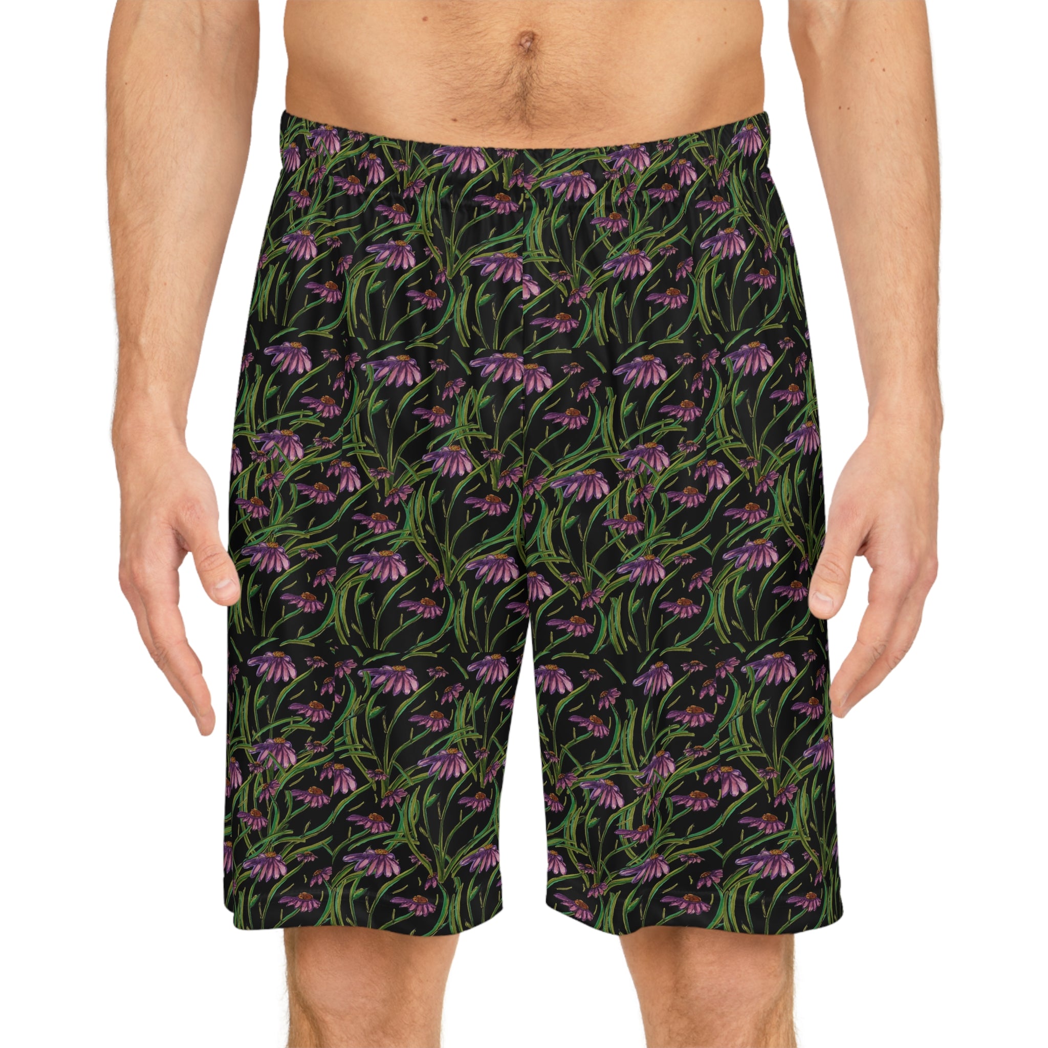 Floral Nightscape Basketball Shorts — All-Over Pink Wildflower Print