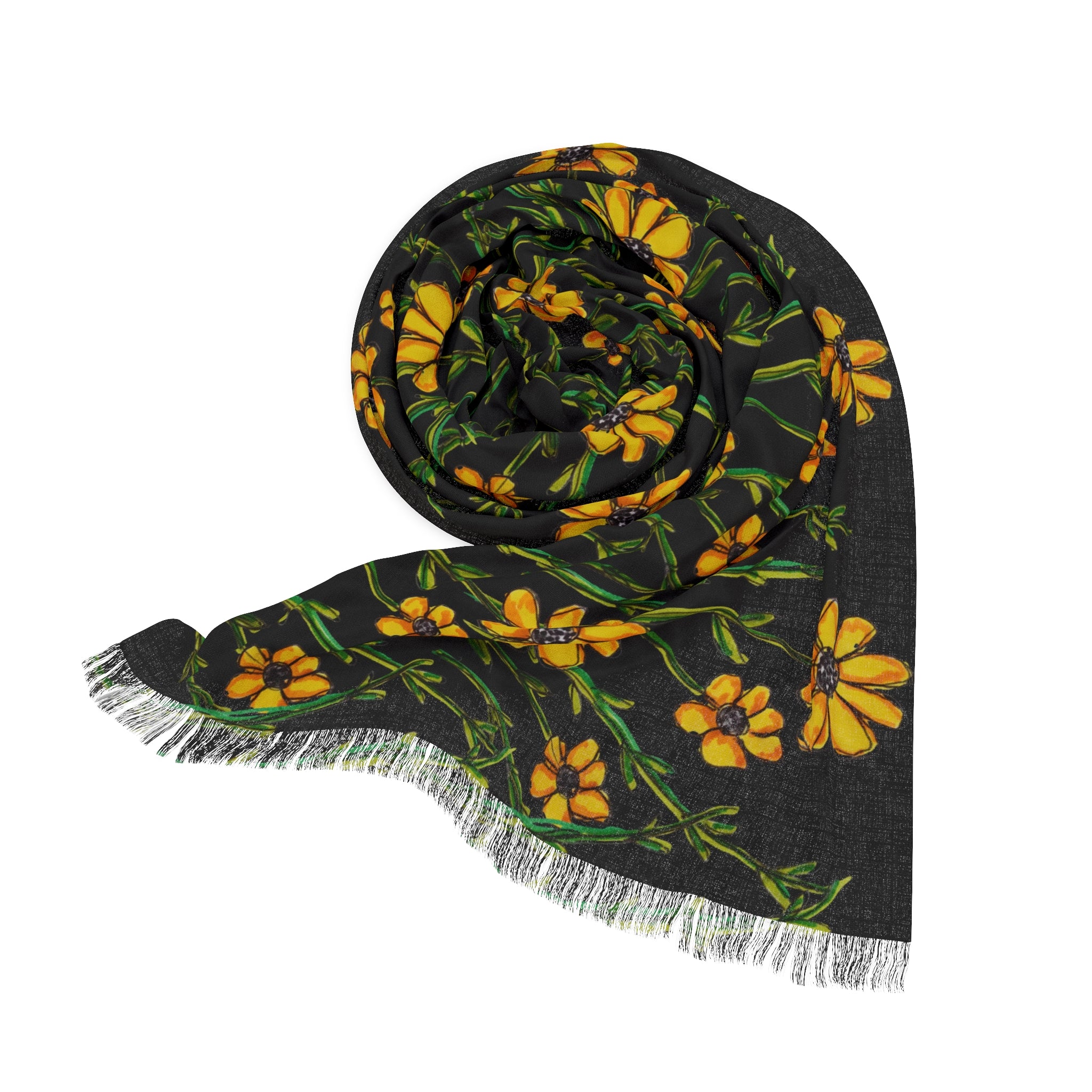 Black Floral Scarf with Yellow Wildflowers – Lightweight Spring Wrap