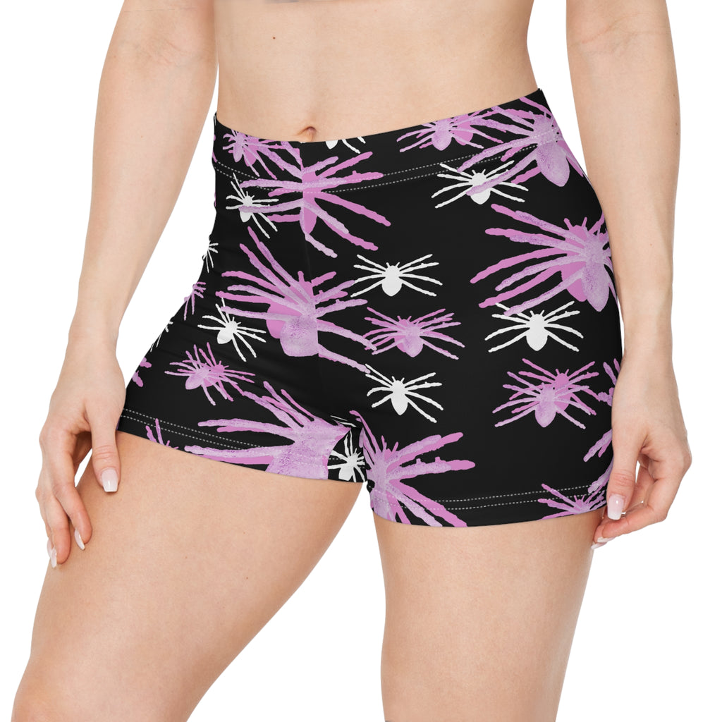 Pink Spider Pattern Women's Shorts — Cute Gothic AOP Activewear
