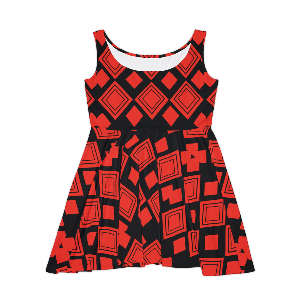 Red Geometric Skater Dress — Bold Diamond & Square Pattern