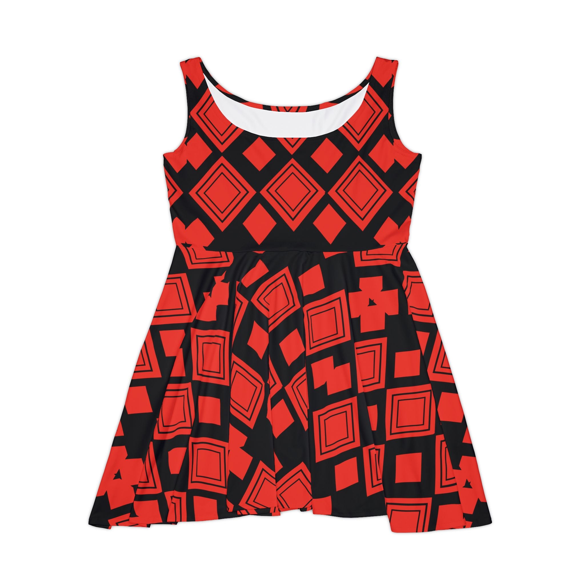Red Geometric Skater Dress — Bold Diamond & Square Pattern