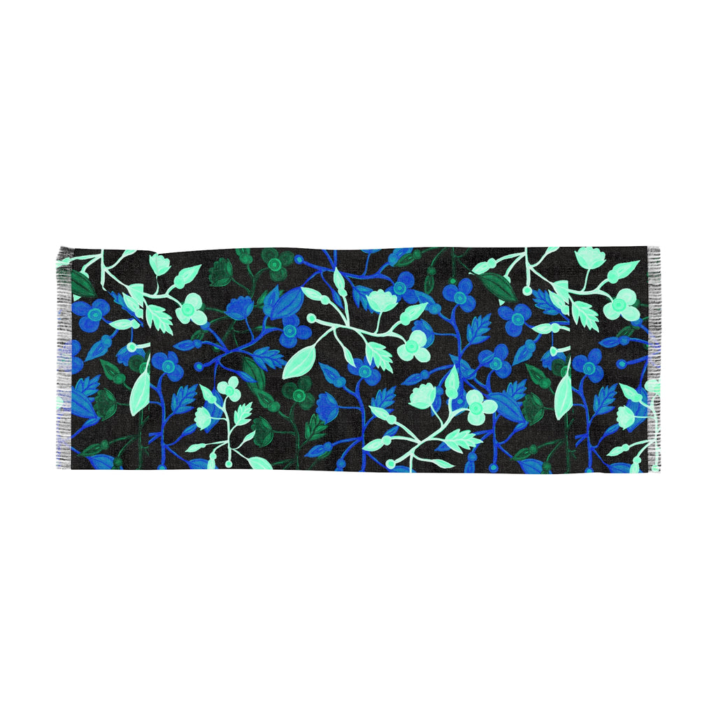 Blue Botanical Light Scarf — Floral Fringe Scarf for Spring & Evening Wear