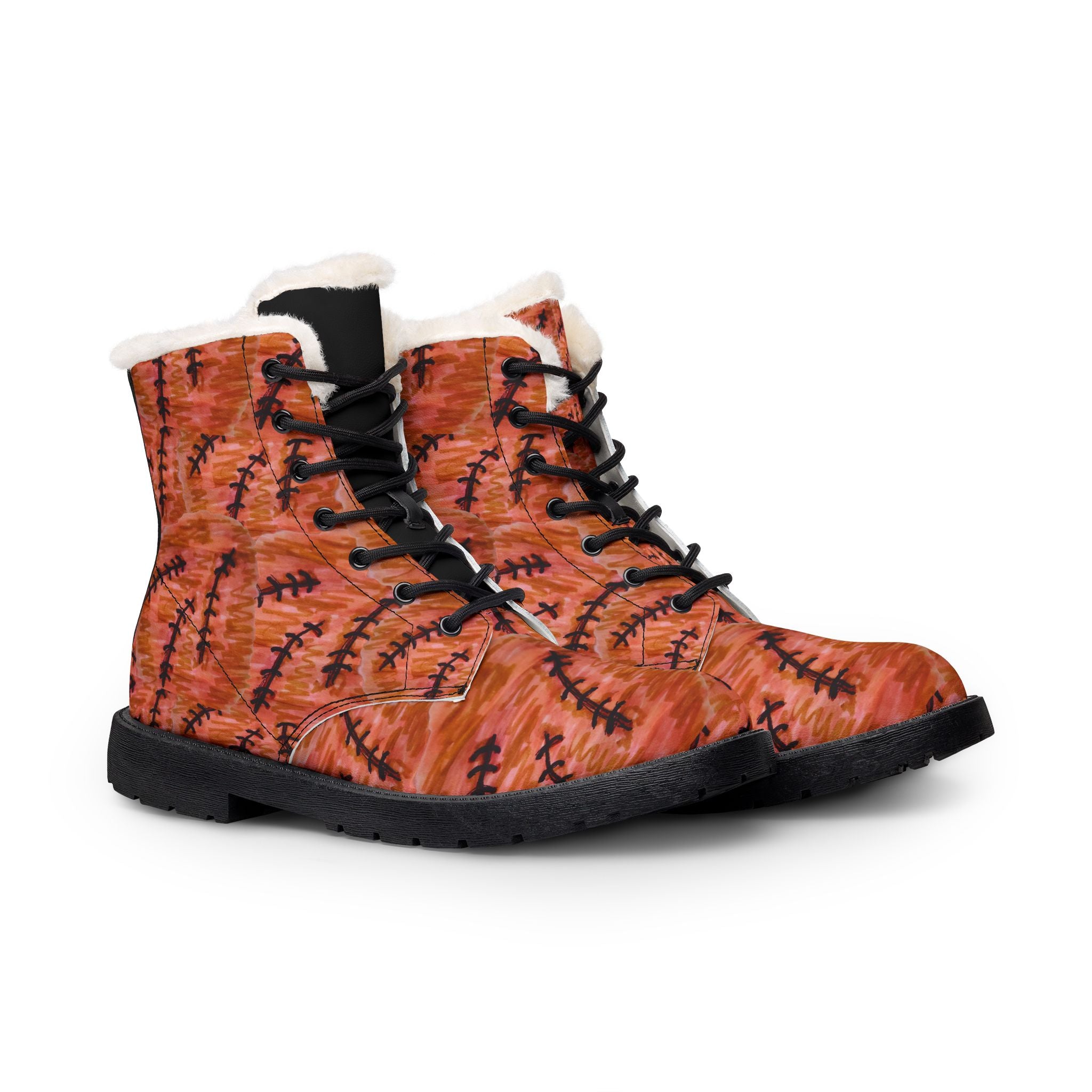 Men's Fur-Lined Leather Boots — Rustic Orange Patterned Winter Combat Boots