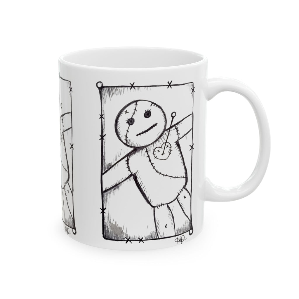 Voodoo Doll Sketch Ceramic Mug – Spooky Gothic Coffee Cup (11oz/15oz)