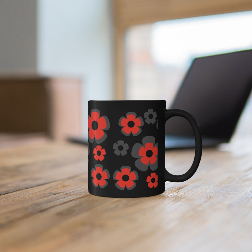 Black Floral Mug — Retro Red & Gray Flower Pattern Coffee Cup (11oz/15oz)