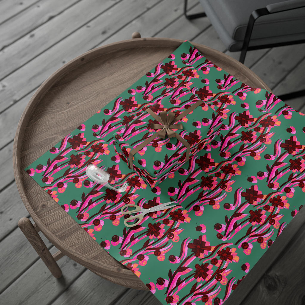 Green Floral Wrapping Paper — Pink Red Bloom Gift Wrap Roll