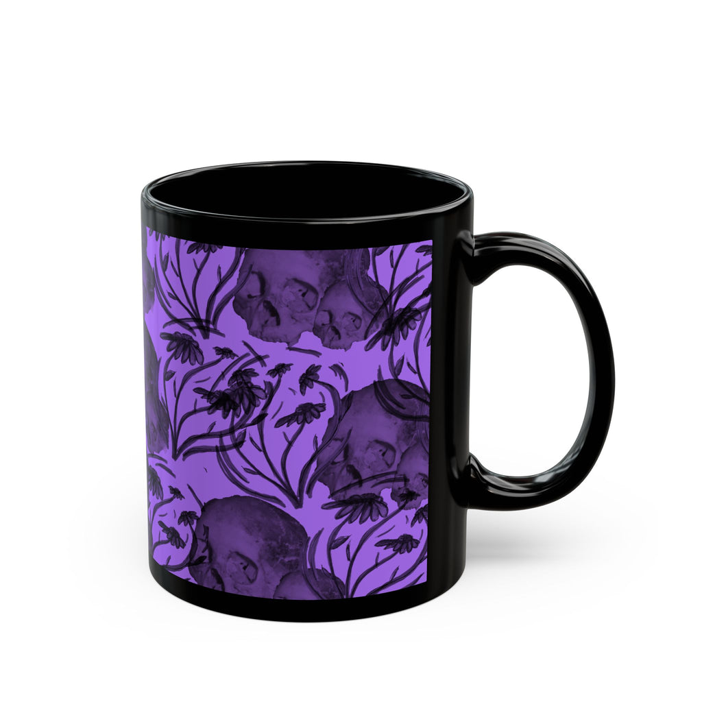 Purple Skull Pattern Black Mug – Gothic Floral Skull Coffee Cup (11oz, 15oz)