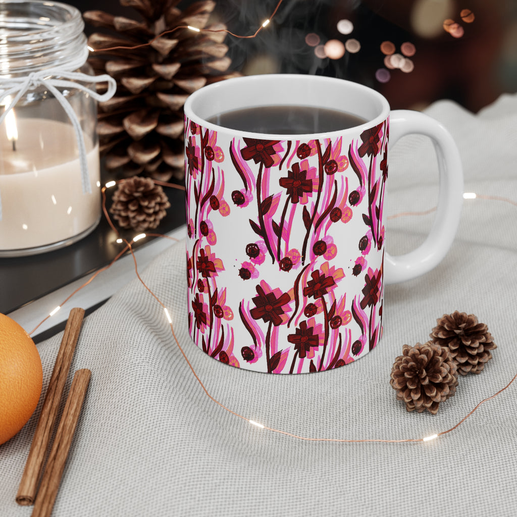 Pink Floral Pattern Coffee Mug — 11oz Artistic Bloom Design
