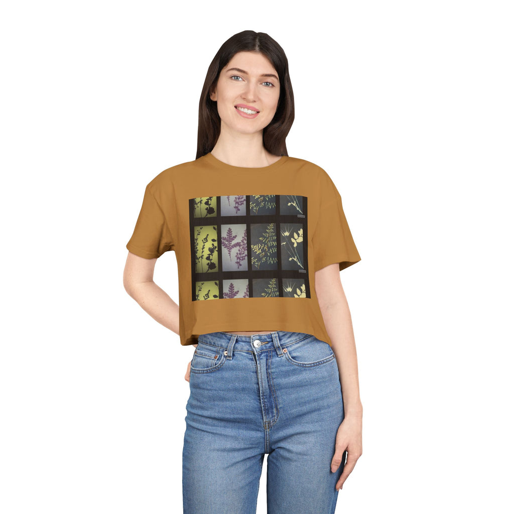 Botanical Grid Women's Crop Tee — Vintage Floral Silhouette Top