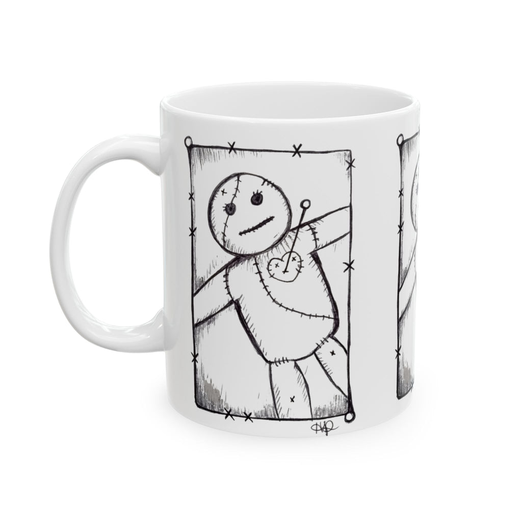 Voodoo Doll Sketch Ceramic Mug – Spooky Gothic Coffee Cup (11oz/15oz)