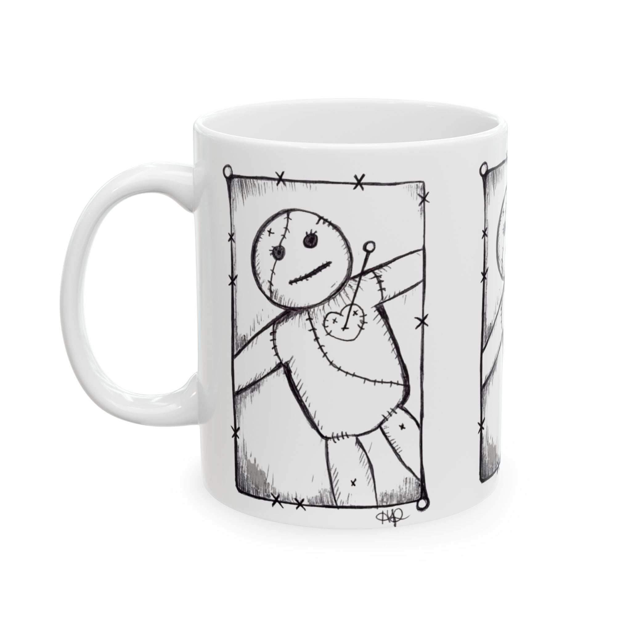 Voodoo Doll Sketch Ceramic Mug – Spooky Gothic Coffee Cup (11oz/15oz)