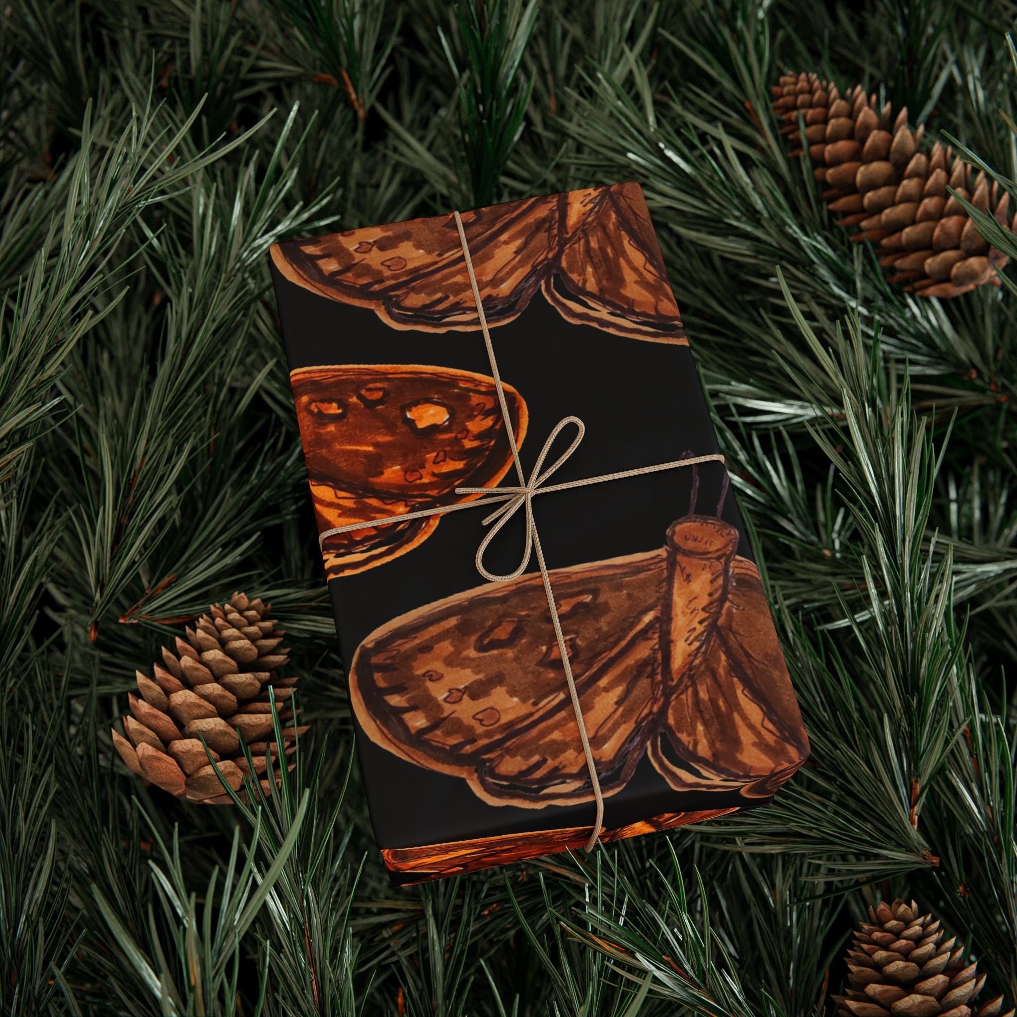 Moth Pattern Wrapping Paper — Vintage Brown Moths on Black Gift Wrap