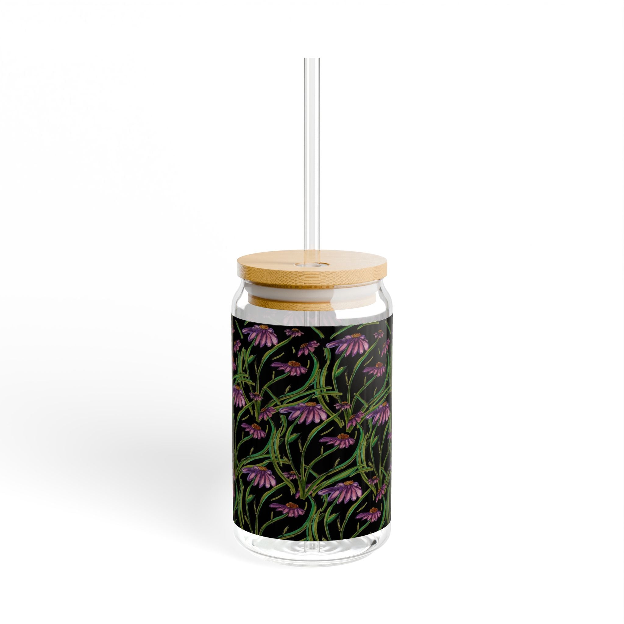 16oz Floral Sipper Glass with Purple Coneflower Pattern