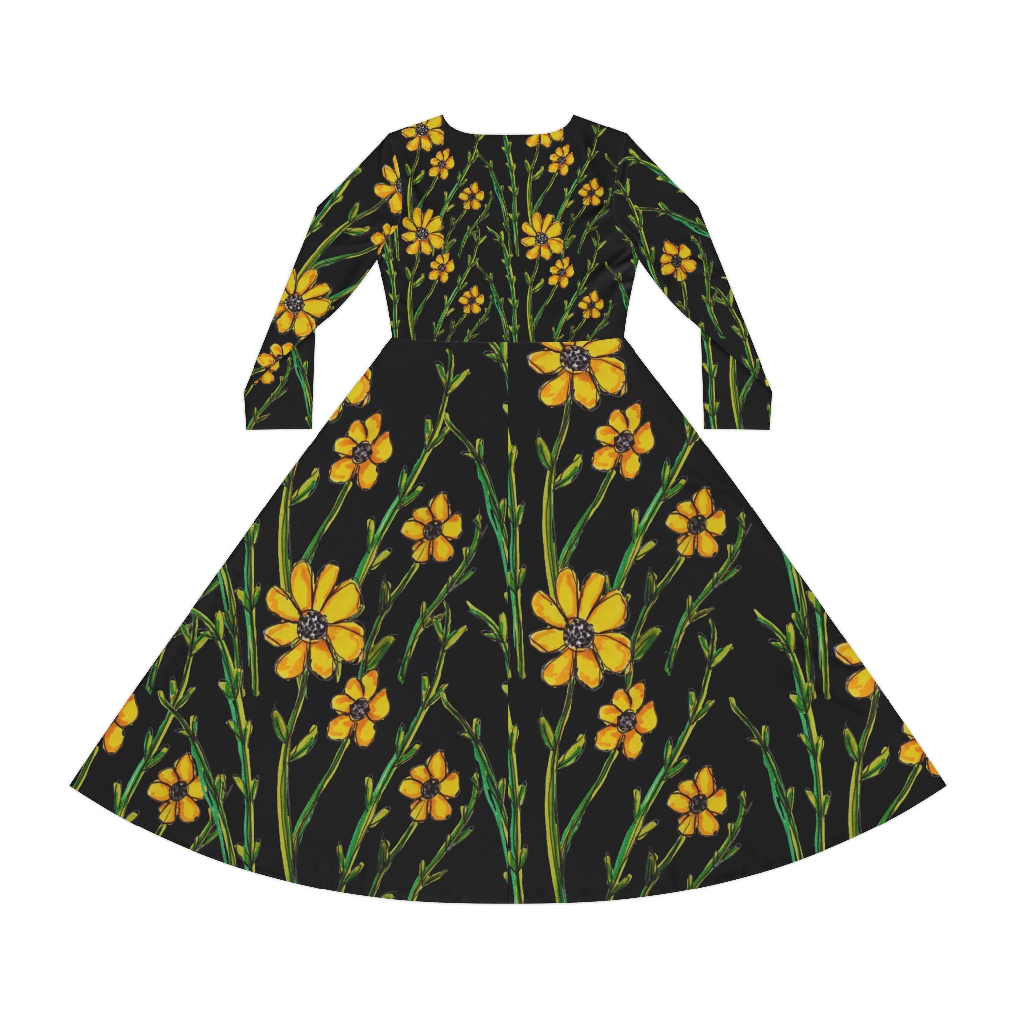 Floral Swing Dress — Yellow Wildflower Long-Sleeve Dance Dress
