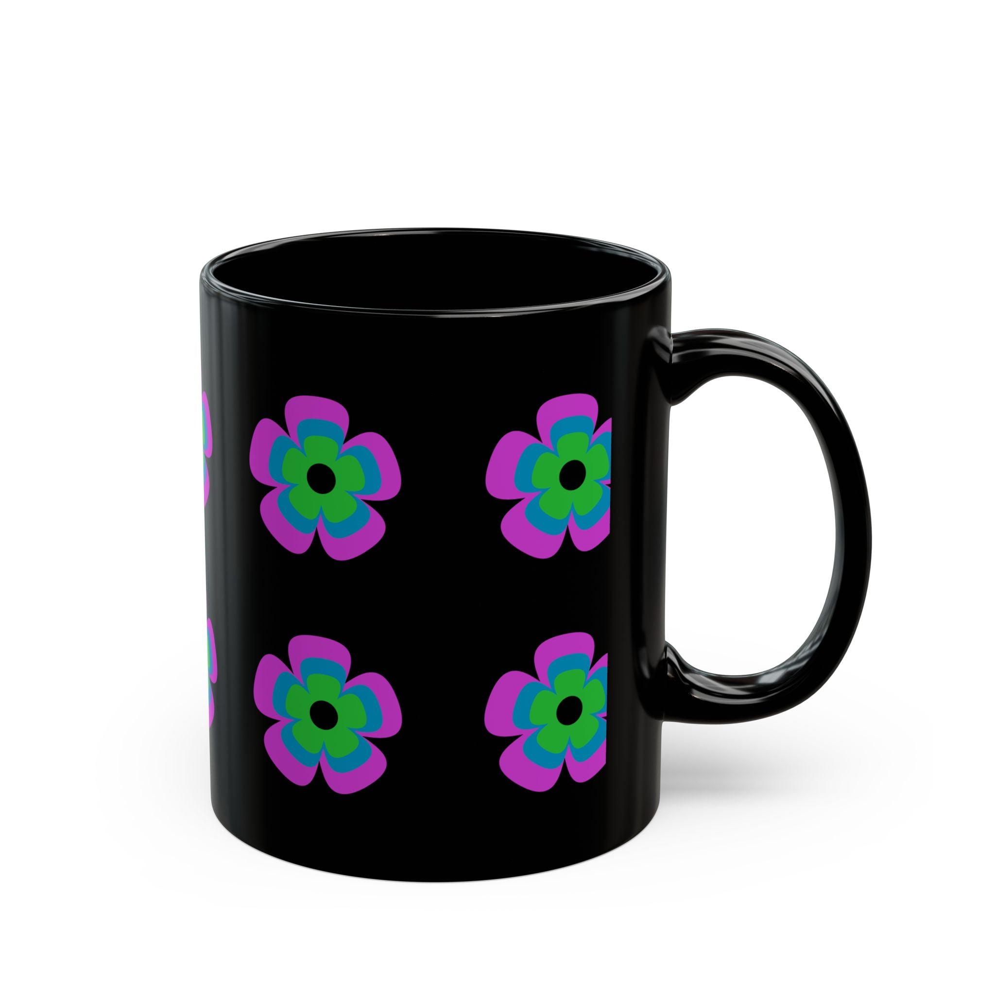 Retro Neon Flower Black Mug — Colorful 60s-Inspired Floral Coffee Cup (11oz & 15oz)