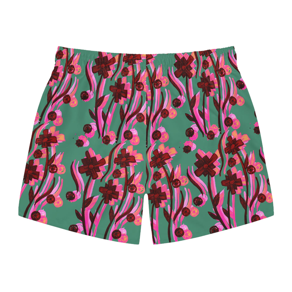 Floral Wave Swim Trunks — Pink & Teal All-Over Print
