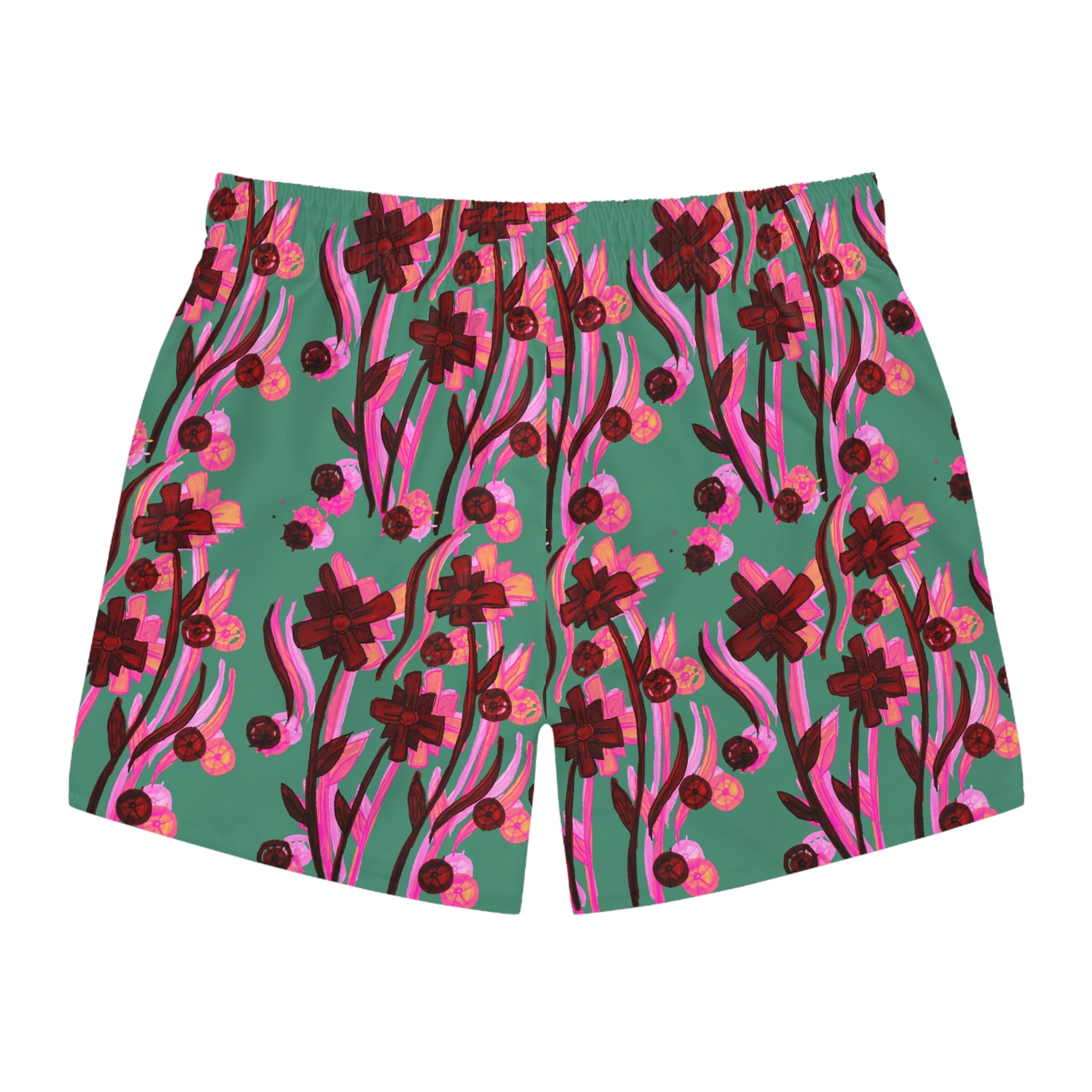 Floral Wave Swim Trunks — Pink & Teal All-Over Print