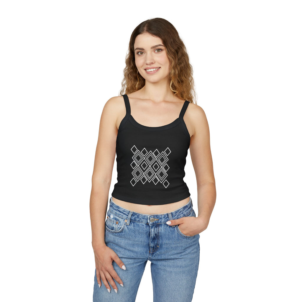Geometric Diamond Crop Tank Top — Black Spaghetti Strap Graphic
