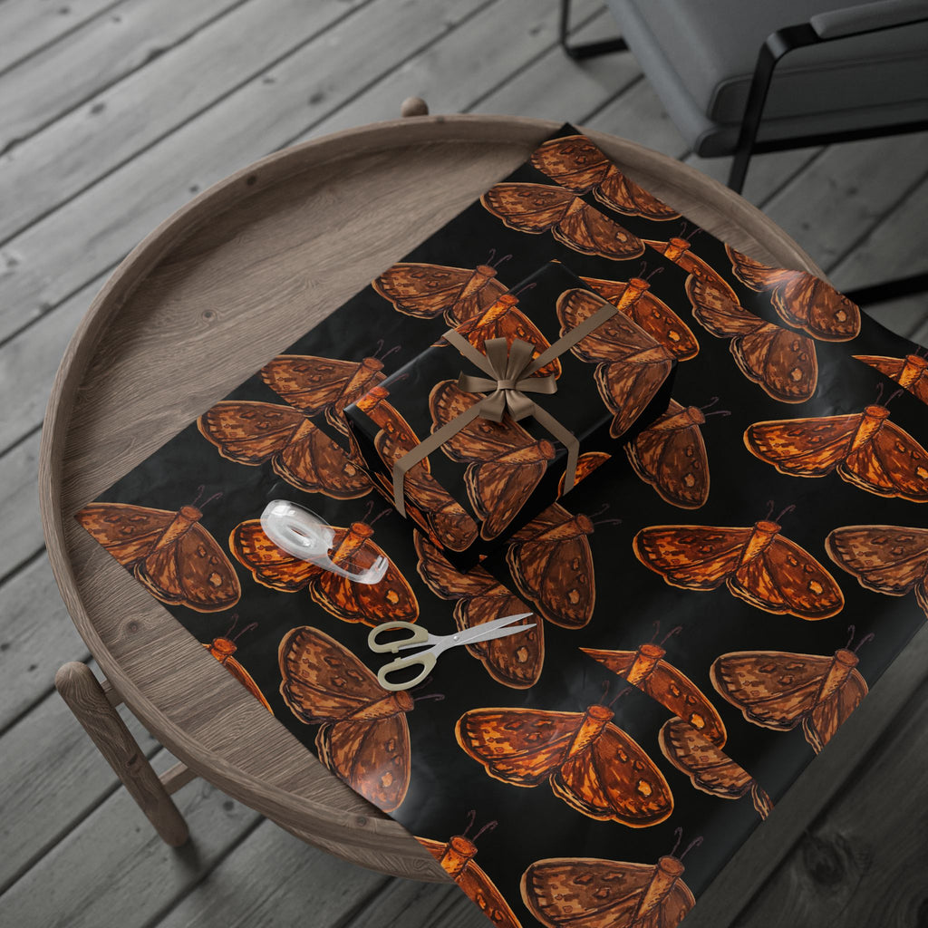 Moth Pattern Wrapping Paper — Vintage Brown Moths on Black Gift Wrap