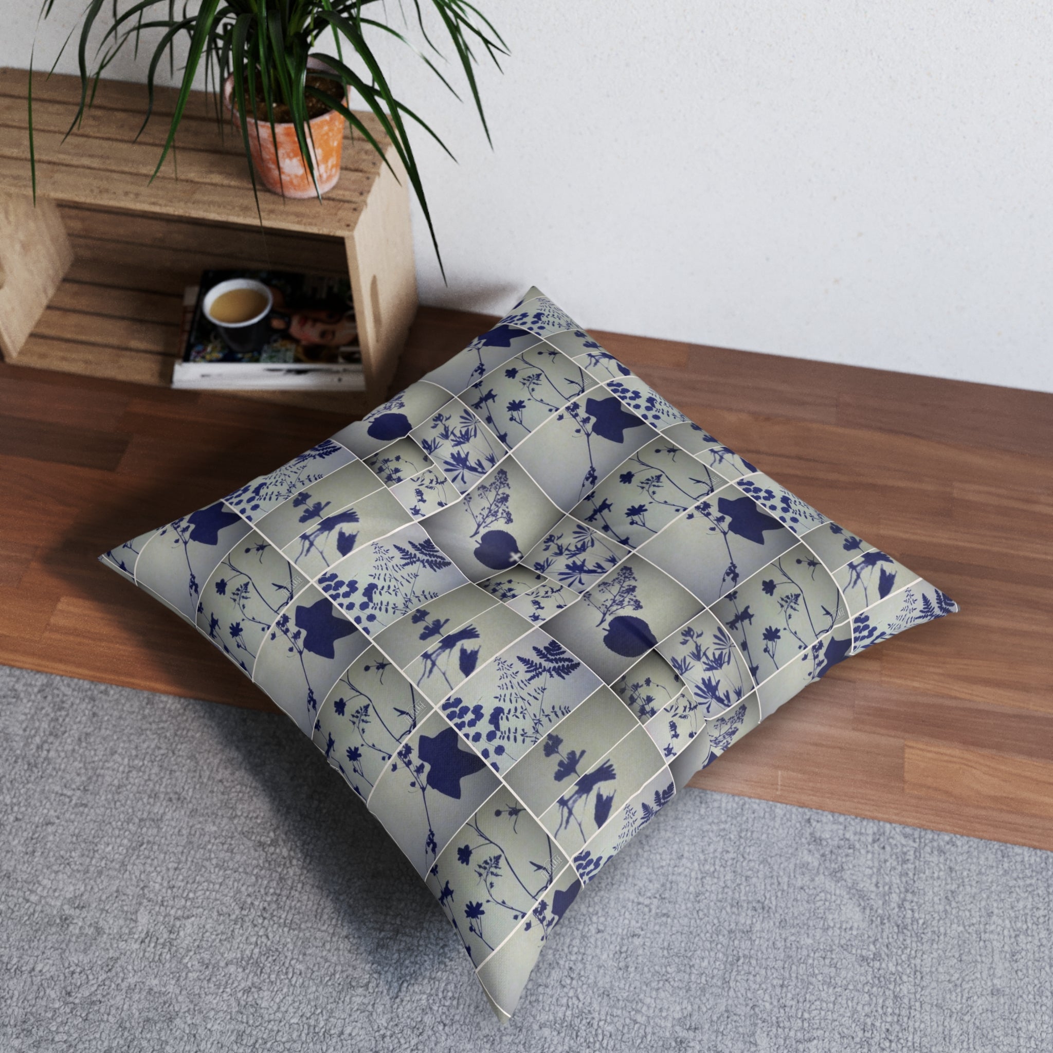 Botanical Patchwork Tufted Floor Pillow — Blue Floral Shadow Pattern