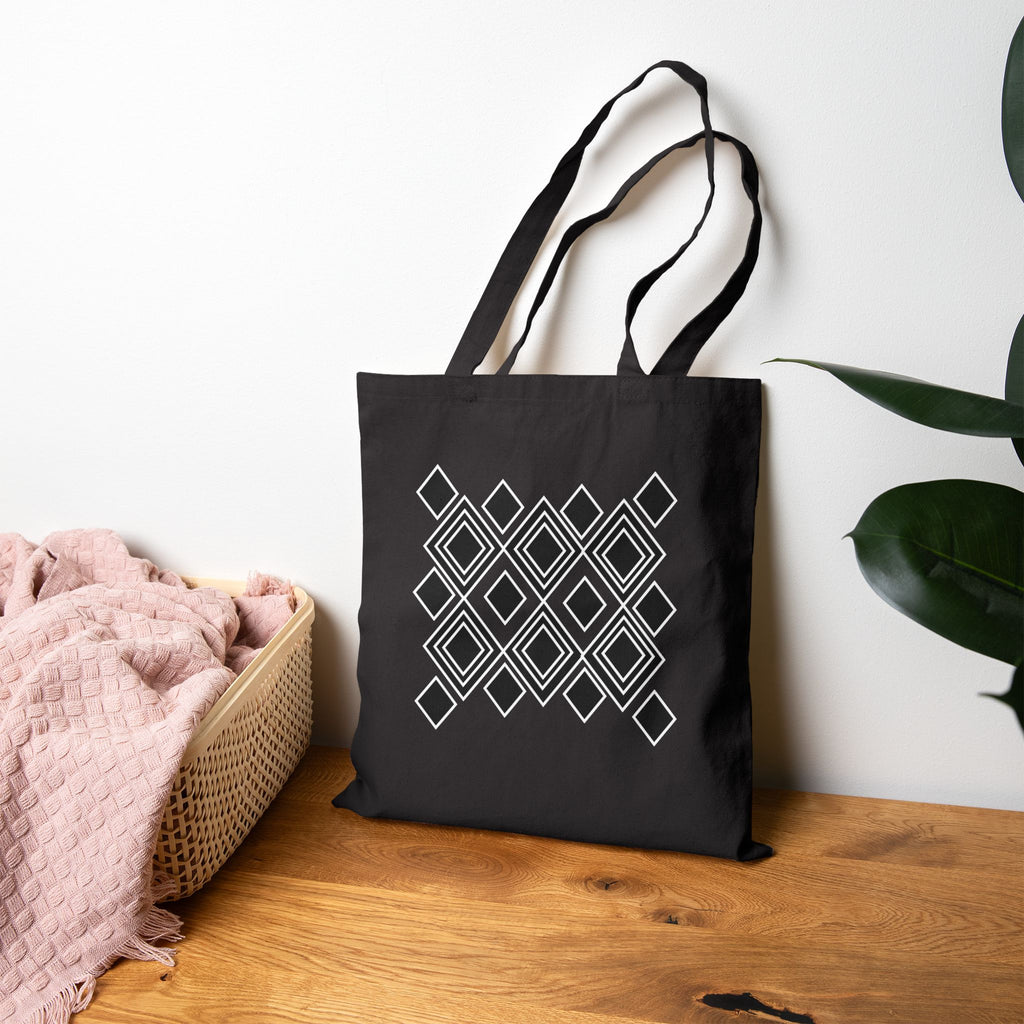 Geometric Diamond Pattern Tote Bag — Modern Black Canvas Shopper