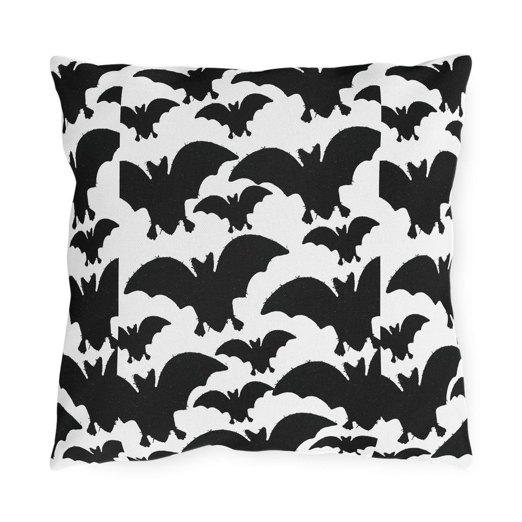 Black Bat Pattern Outdoor Pillow — Halloween Bat Silhouette Throw Cushion